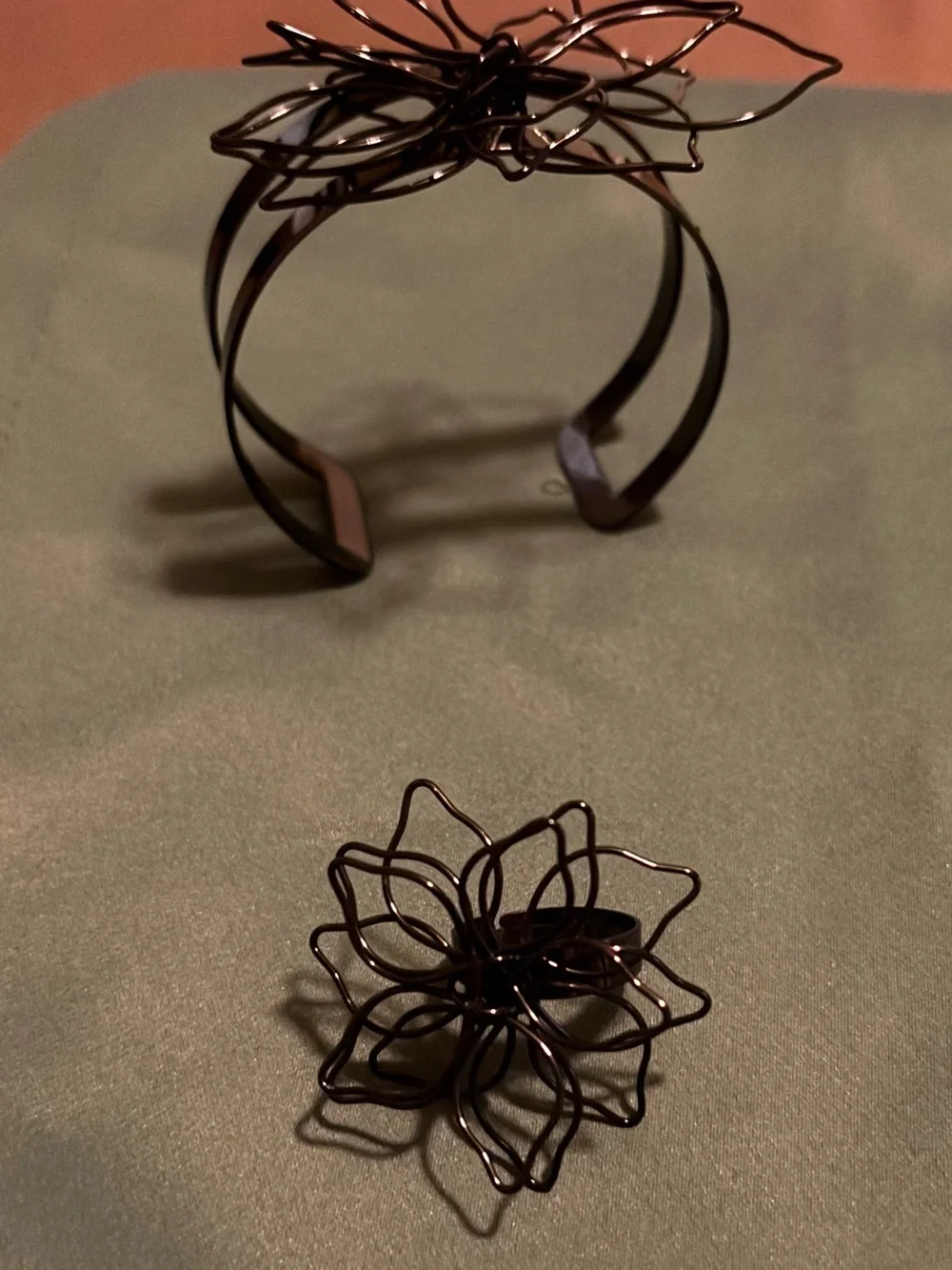 Sterling Silver, Black, and Gold Floral Wire Open Cuff Bracelets  -with ring set